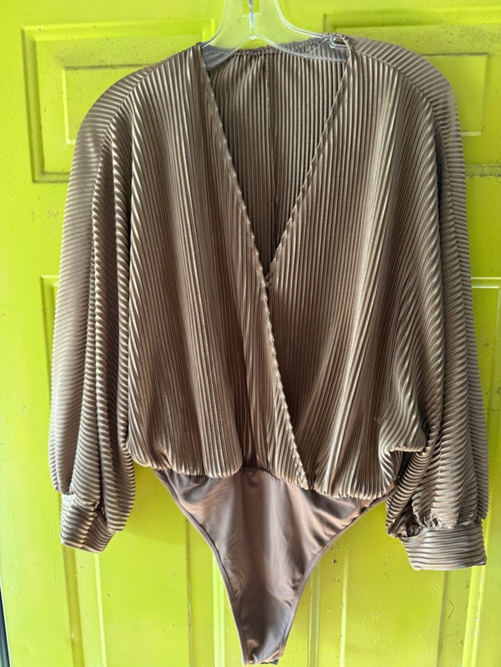 SHEIN Taupe Pleated V-Neck Long Sleeve Bodysuit